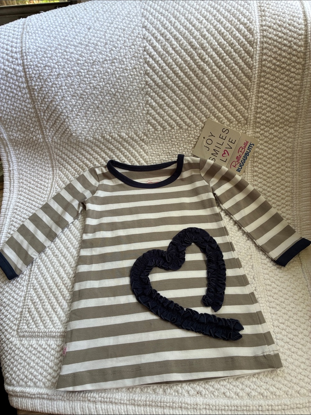 RuffleButts Gray Stripe Ruffle heart  Long Sleeve Dress with  Ruffle Heart
